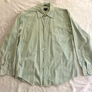 Button down dress shirt. White with green and blue stripes.  J crew brand